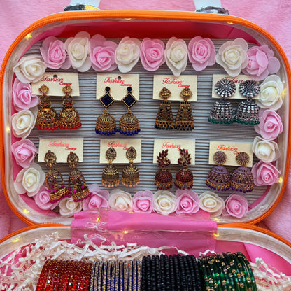 8 Set Glass Bangles & Premium Jhumka Earrings Combo in LED Mini Suitcase Gift Box
