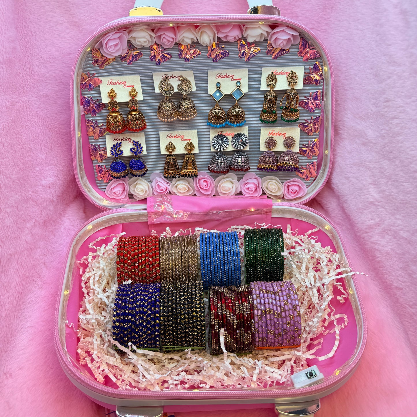 8 Set Designer Glass Bangles & Jhumka Earrings Combo in Pink LED Mini Suitcase Gift Box