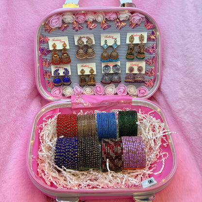 8 Set Designer Glass Bangles & Jhumka Earrings Combo in Pink LED Mini Suitcase Gift Box