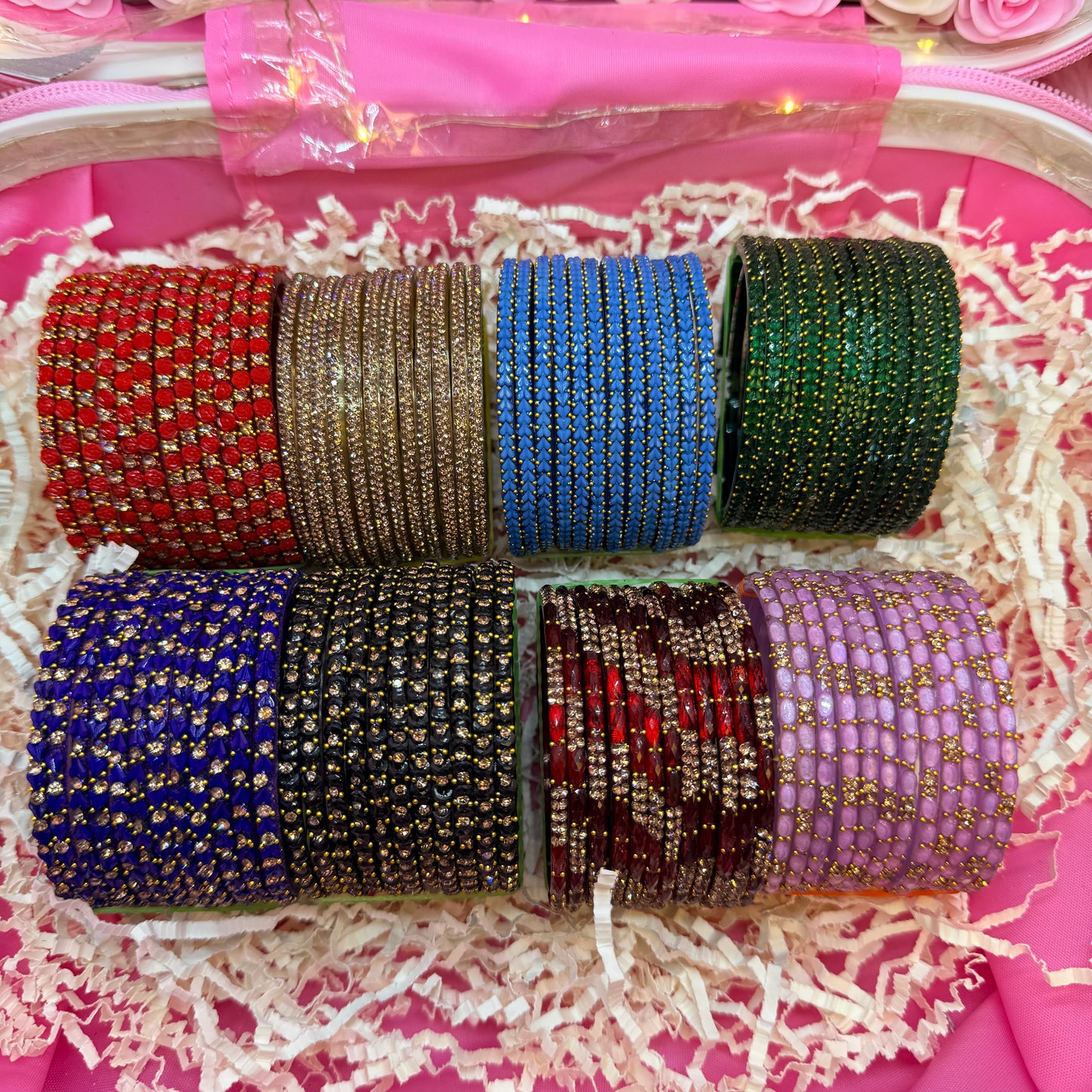 8 Set Designer Glass Bangles & Jhumka Earrings Combo in Pink LED Mini Suitcase Gift Box
