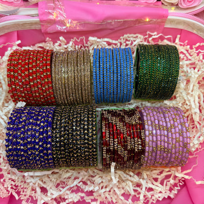 8 Set Designer Glass Bangles & Jhumka Earrings Combo in Pink LED Mini Suitcase Gift Box