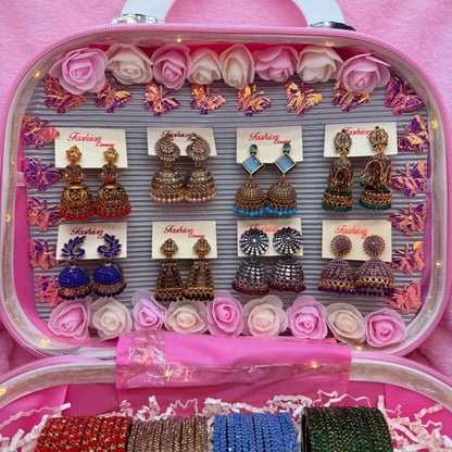 8 Set Designer Glass Bangles & Jhumka Earrings Combo in Pink LED Mini Suitcase Gift Box