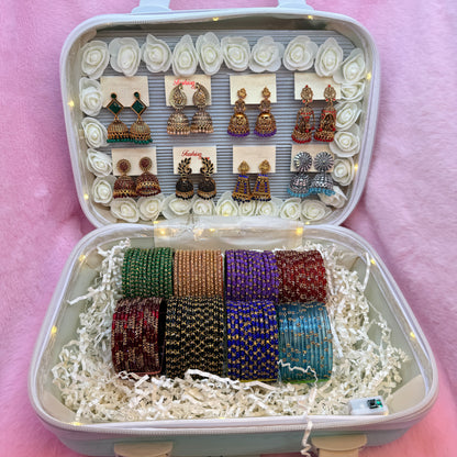 8 Set Premium Glass Bangles & Designer Jhumka Combo in LED Vanity Suitcase Gift Box