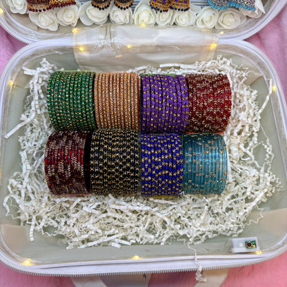 8 Set Premium Glass Bangles & Designer Jhumka Combo in LED Vanity Suitcase Gift Box