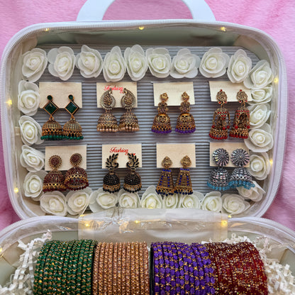 8 Set Premium Glass Bangles & Designer Jhumka Combo in LED Vanity Suitcase Gift Box