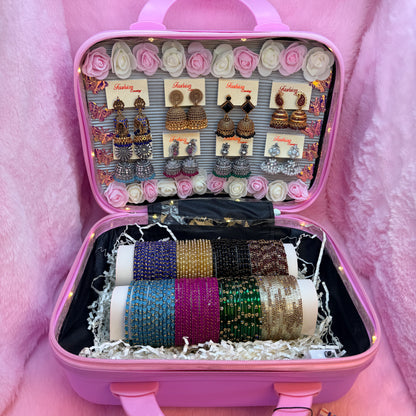 Luxury Pink Mini Suitcase Jewellery Combo Gift Set – Glass Bangles & Designer Earrings Collection