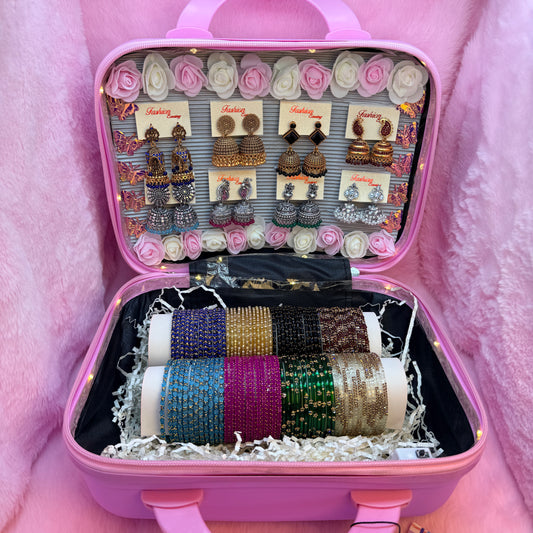 Luxury Pink Mini Suitcase Jewellery Combo Gift Set – Glass Bangles & Designer Earrings Collection