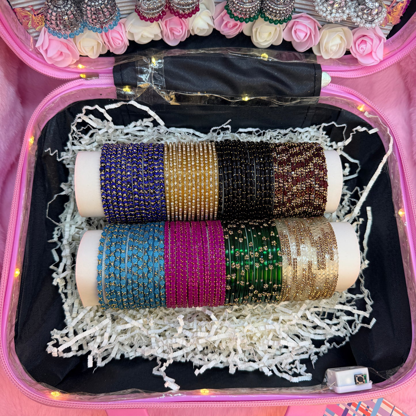 Luxury Pink Mini Suitcase Jewellery Combo Gift Set – Glass Bangles & Designer Earrings Collection