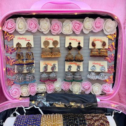 Luxury Pink Mini Suitcase Jewellery Combo Gift Set – Glass Bangles & Designer Earrings Collection