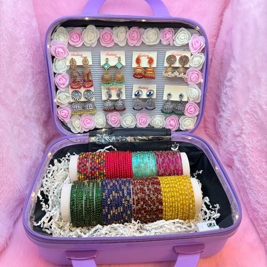 Luxury Purple Mini Suitcase Jewellery Combo Set – Designer Earrings & Colorful Glass Bangles Collection