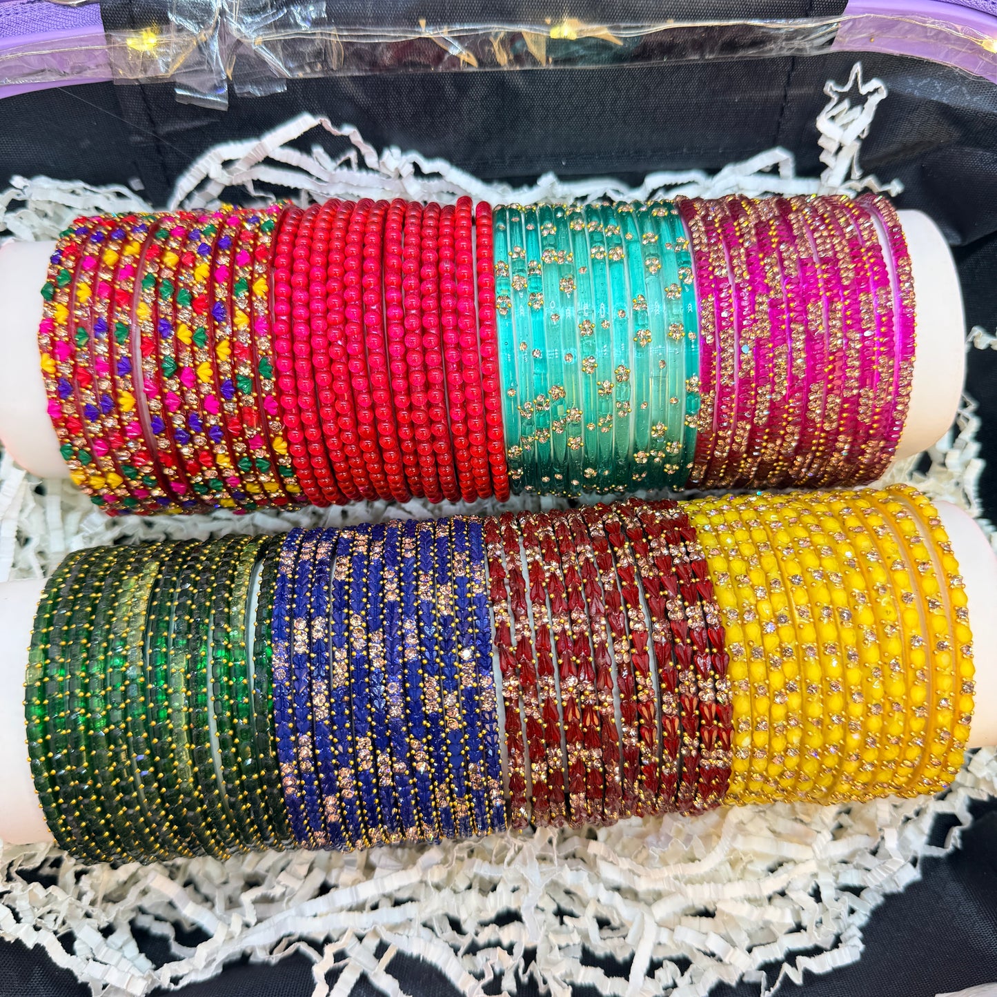 Luxury Purple Mini Suitcase Jewellery Combo Set – Designer Earrings & Colorful Glass Bangles Collection