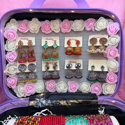 Luxury Purple Mini Suitcase Jewellery Combo Set – Designer Earrings & Colorful Glass Bangles Collection