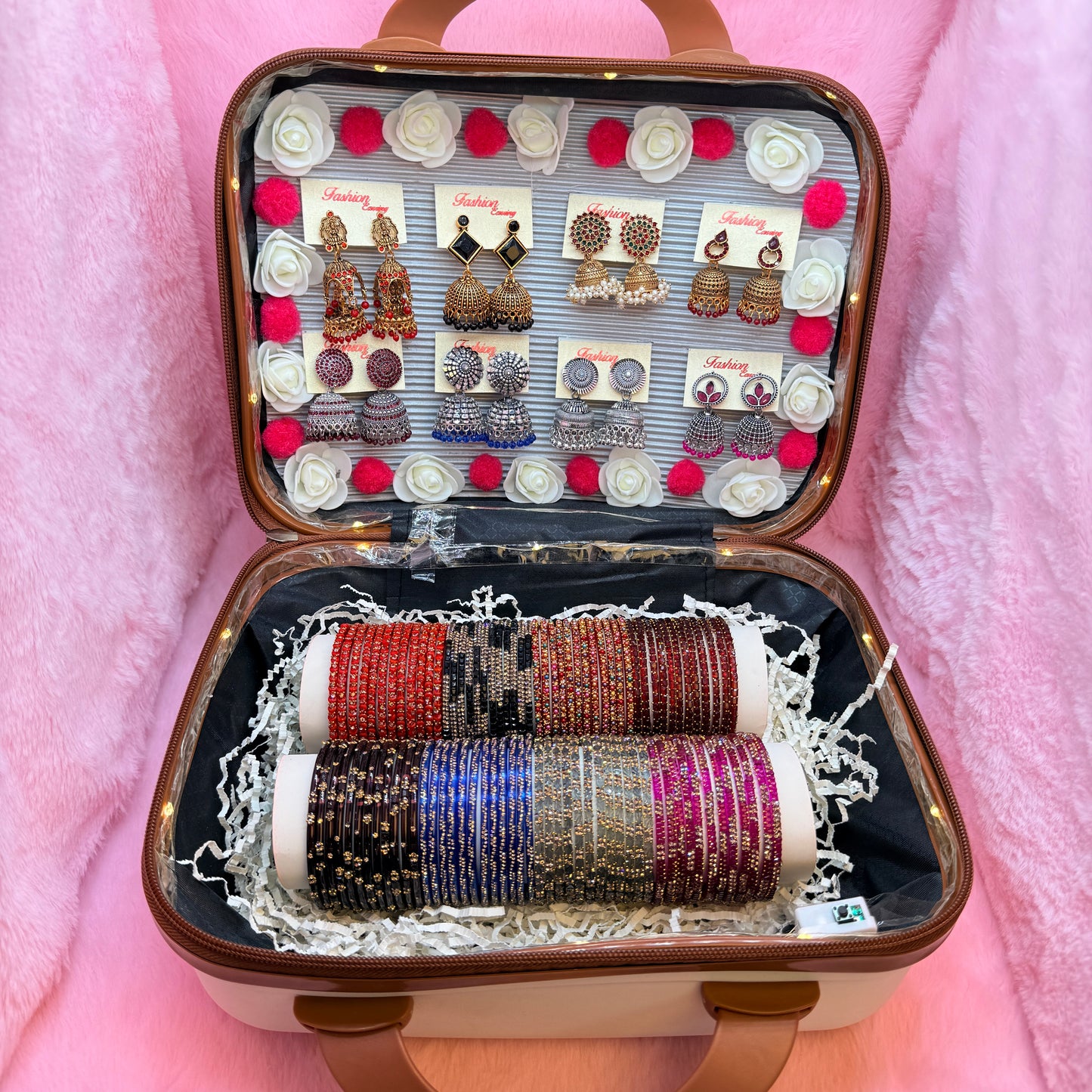 Premium Mini Suitcase Jewellery Combo Set – Designer Earrings & Glass Bangles Collection for Women