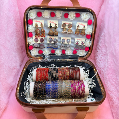 Premium Mini Suitcase Jewellery Combo Set – Designer Earrings & Glass Bangles Collection for Women