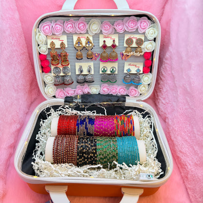 Premium Orange Mini Suitcase Jewellery Combo Set – Designer Earrings & Colorful Glass Bangles Collection
