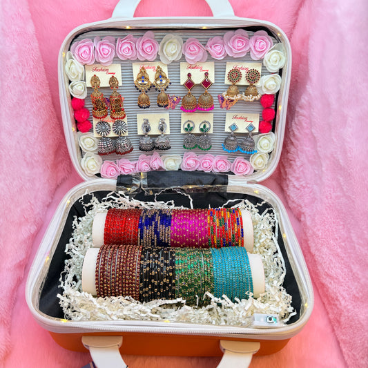 Premium Orange Mini Suitcase Jewellery Combo Set – Designer Earrings & Colorful Glass Bangles Collection