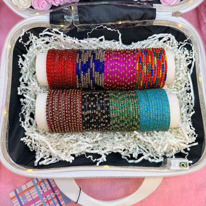 Premium Orange Mini Suitcase Jewellery Combo Set – Designer Earrings & Colorful Glass Bangles Collection