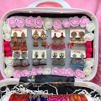 Premium Orange Mini Suitcase Jewellery Combo Set – Designer Earrings & Colorful Glass Bangles Collection
