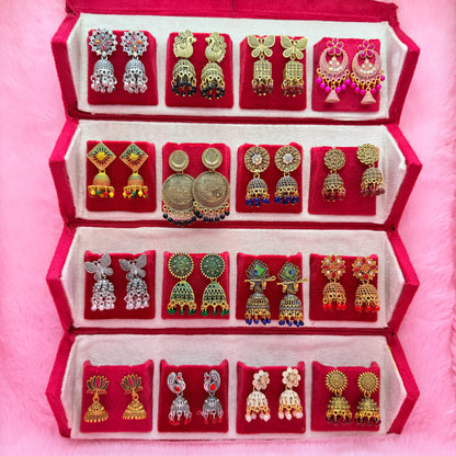 16 Pairs Premium Traditional Jhumka Earrings Combo Gift Box for Women & Girls