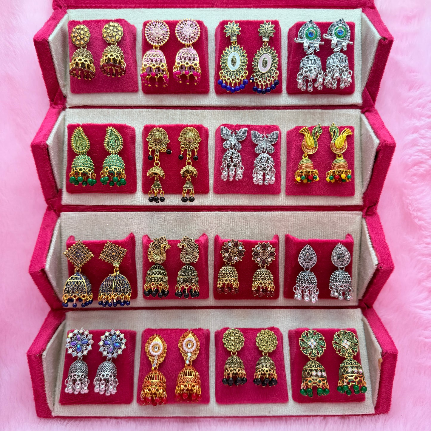 16 Pairs Premium Traditional Jhumka Earrings Combo Gift Box for Women & Girls