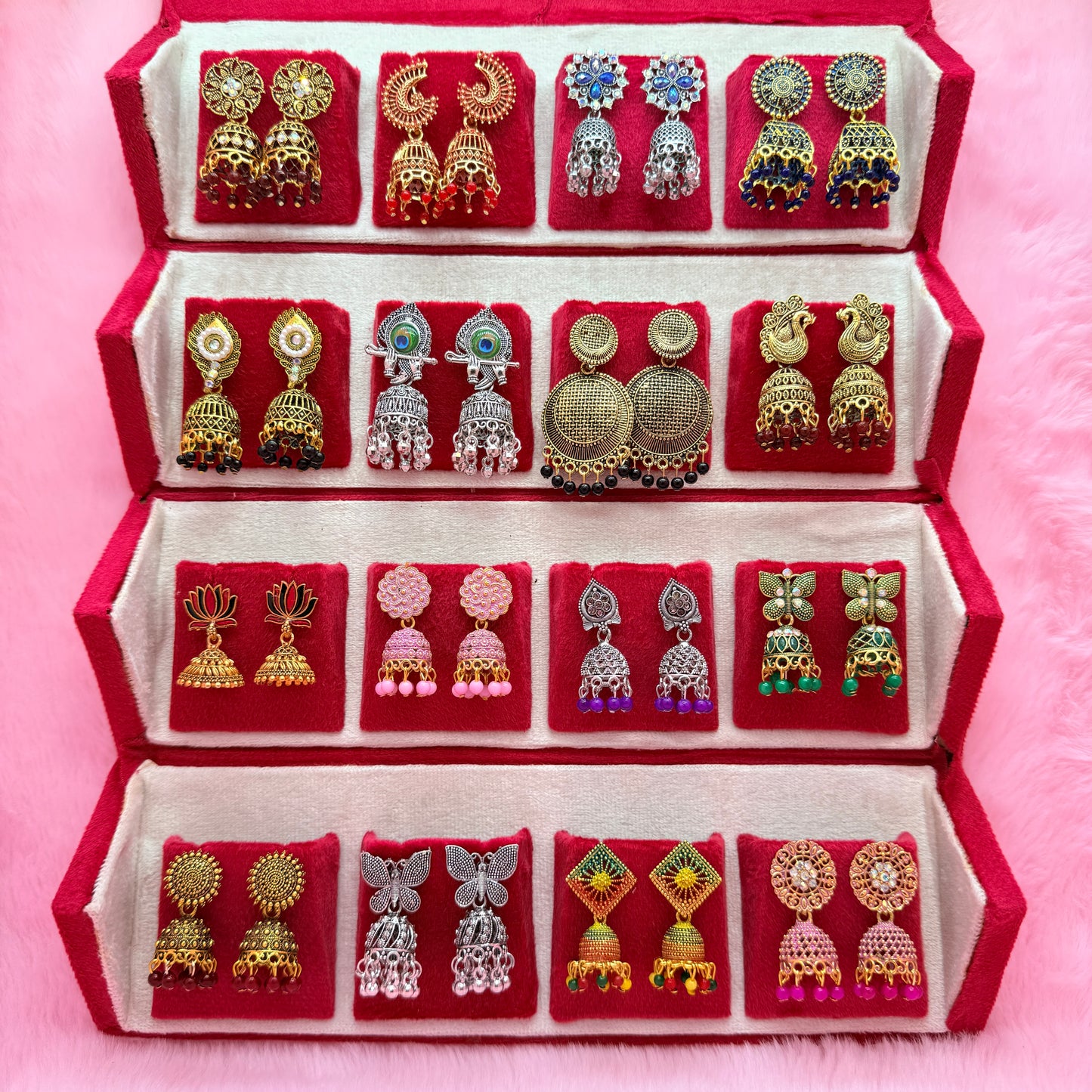 16 Pairs Premium Traditional Jhumka Earrings Combo Gift Box for Women & Girls