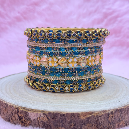 Royal Blue Glass Bangle Set with Matching Thread Bangles & Crystal Stone Work | Bridal & Party Wear Chudi Set