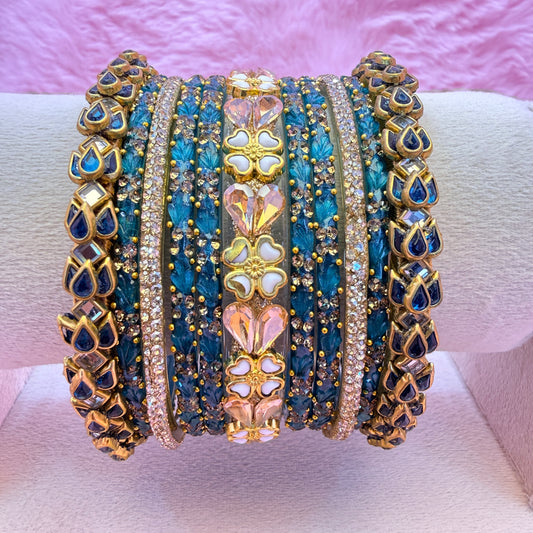 Royal Blue Glass Bangle Set with Matching Thread Bangles & Crystal Stone Work | Bridal & Party Wear Chudi Set