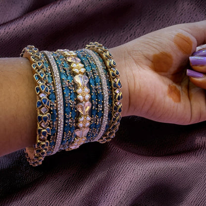 Royal Blue Glass Bangle Set with Matching Thread Bangles & Crystal Stone Work | Bridal & Party Wear Chudi Set
