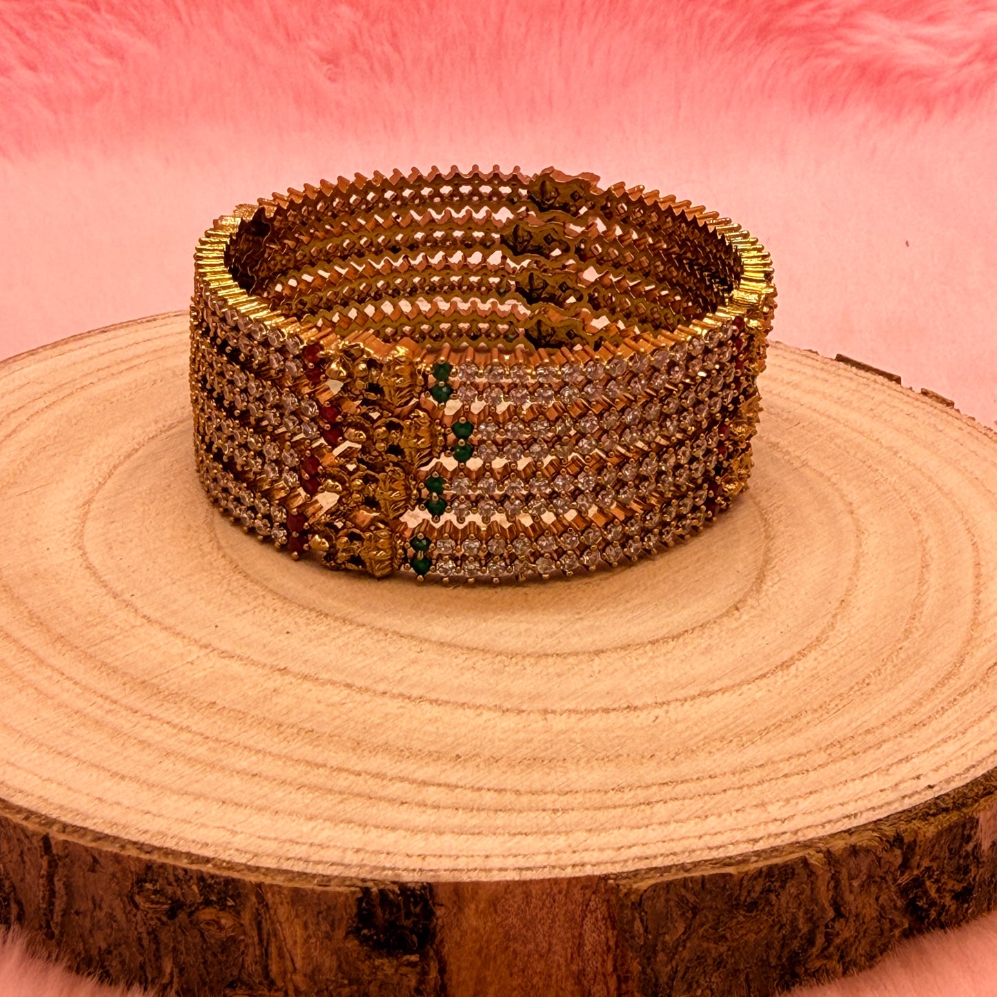 Premium Lakshmi AD Stone Bangles Set | Gold Plated Temple Design Stretch Bangles for Women
