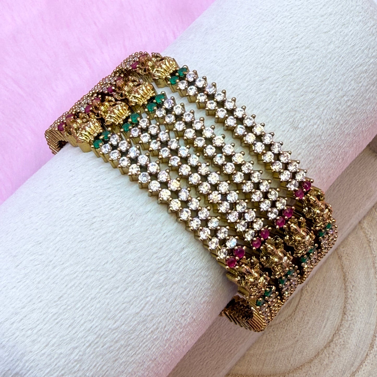 Premium Lakshmi AD Stone Bangles Set | Gold Plated Temple Design Stretch Bangles for Women