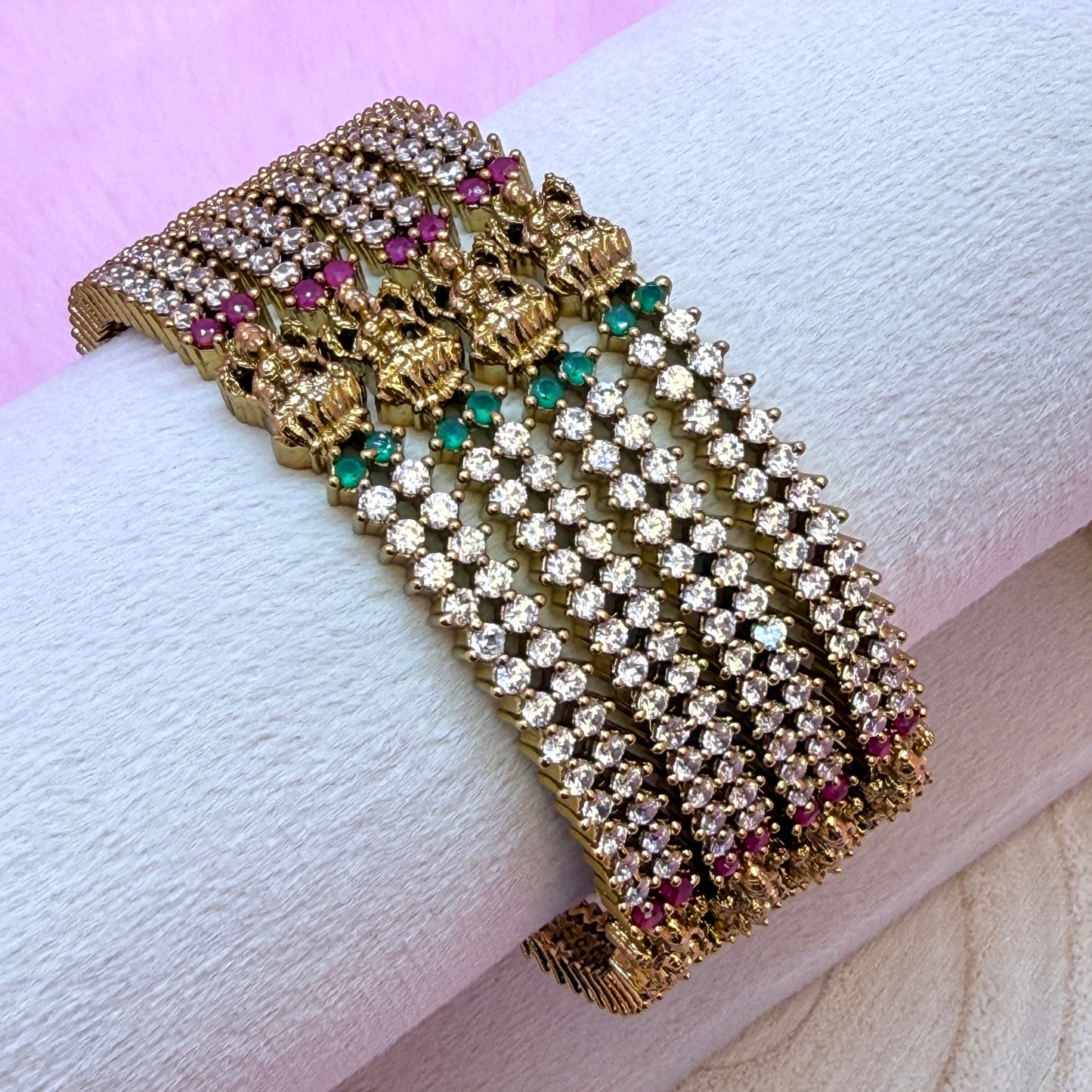 Premium Lakshmi AD Stone Bangles Set | Gold Plated Temple Design Stretch Bangles for Women