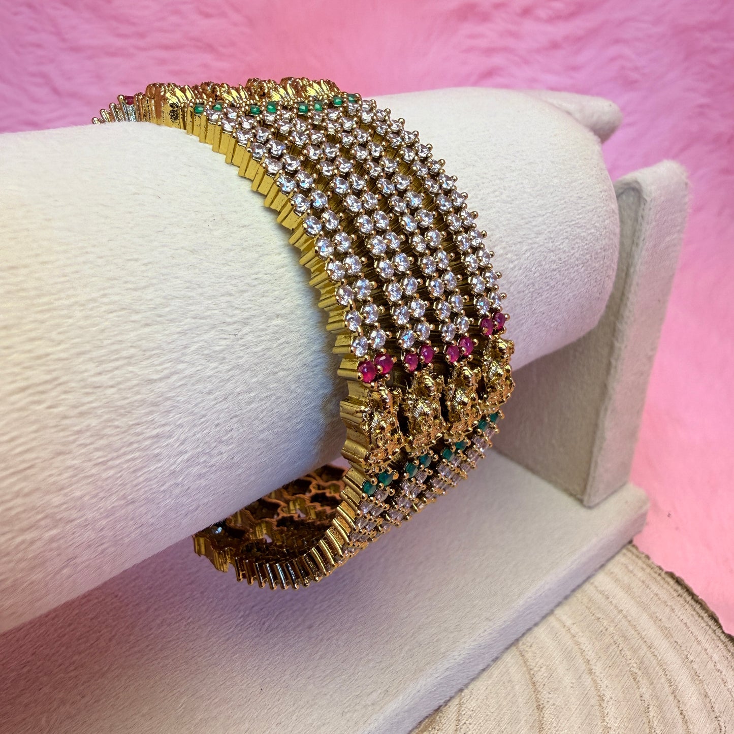 Premium Lakshmi AD Stone Bangles Set | Gold Plated Temple Design Stretch Bangles for Women
