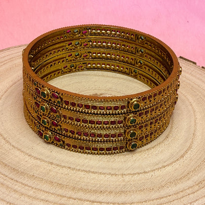 Antique Gold Temple Bangles with Ruby & Emerald Stones | Traditional South Indian Bridal Bangle Set (4 Pcs)