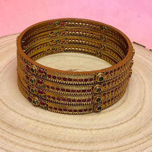 Antique Gold Temple Bangles with Ruby & Emerald Stones | Traditional South Indian Bridal Bangle Set (4 Pcs)