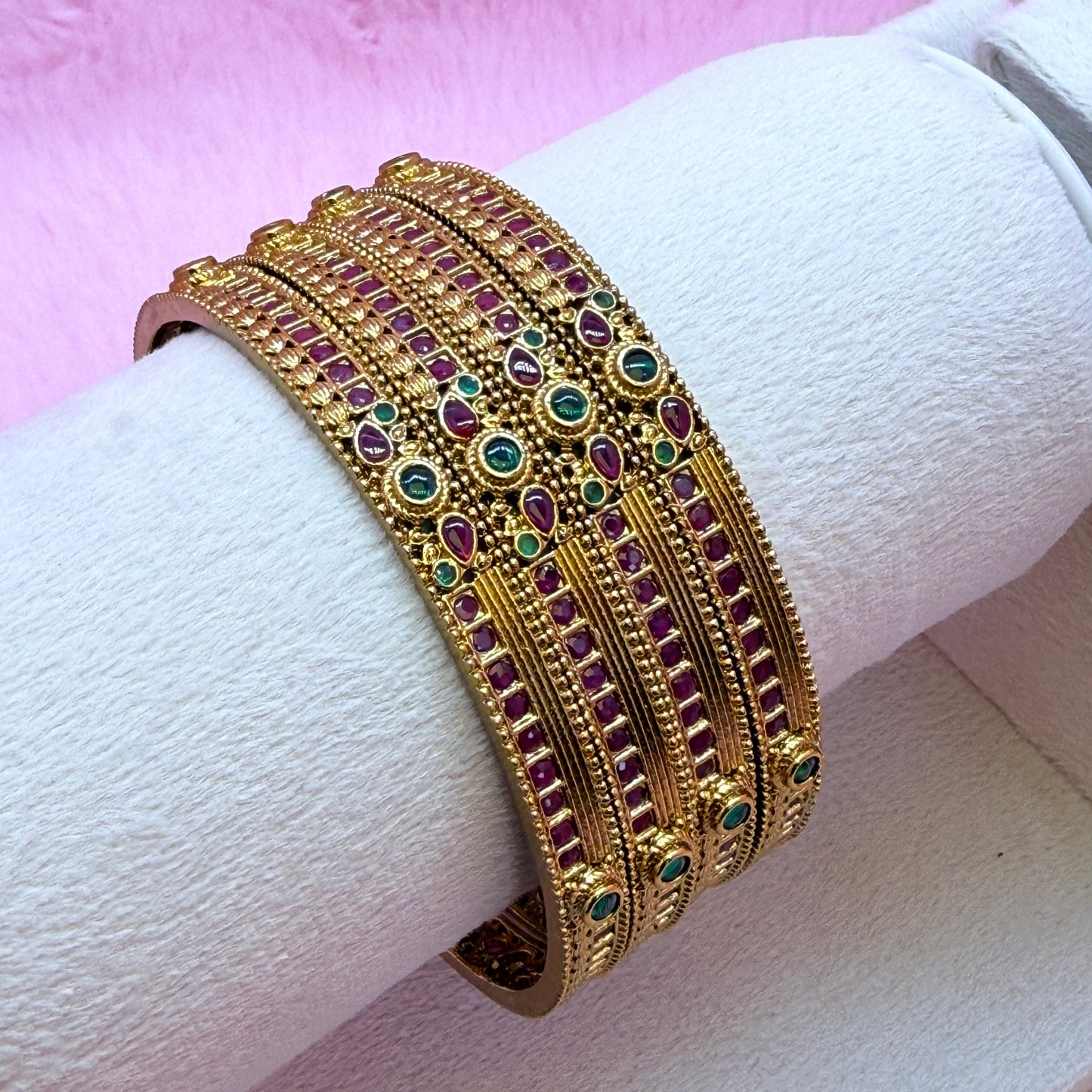 Antique Gold Temple Bangles with Ruby & Emerald Stones | Traditional South Indian Bridal Bangle Set (4 Pcs)