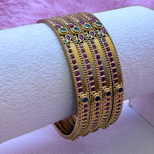 Antique Gold Temple Bangles with Ruby & Emerald Stones | Traditional South Indian Bridal Bangle Set (4 Pcs)