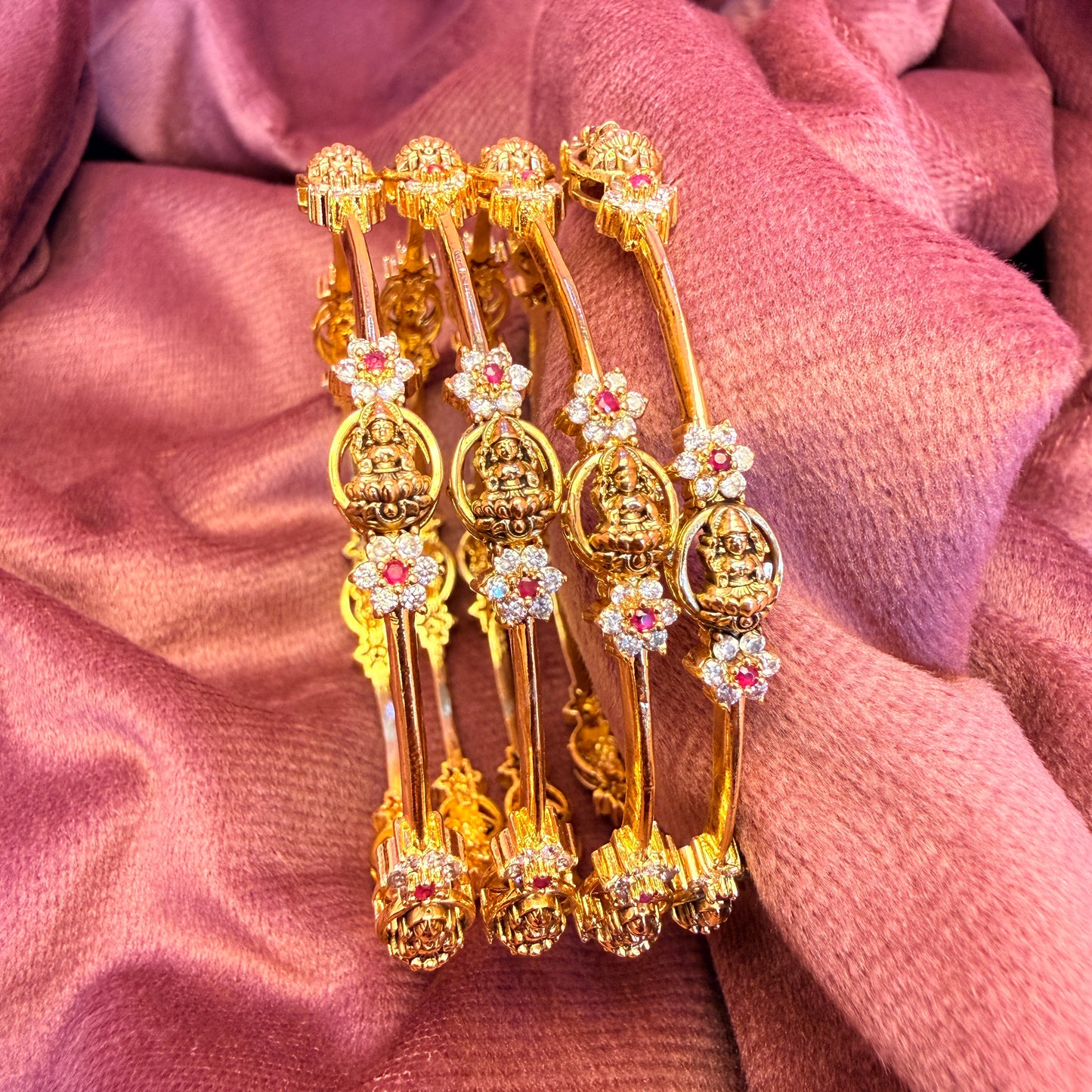 Lakshmi Temple Bangles with AD Stones | Gold Plated Traditional Bridal Bangles Set (4 Pcs)