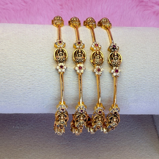 Lakshmi Temple Bangles with AD Stones | Gold Plated Traditional Bridal Bangles Set (4 Pcs)