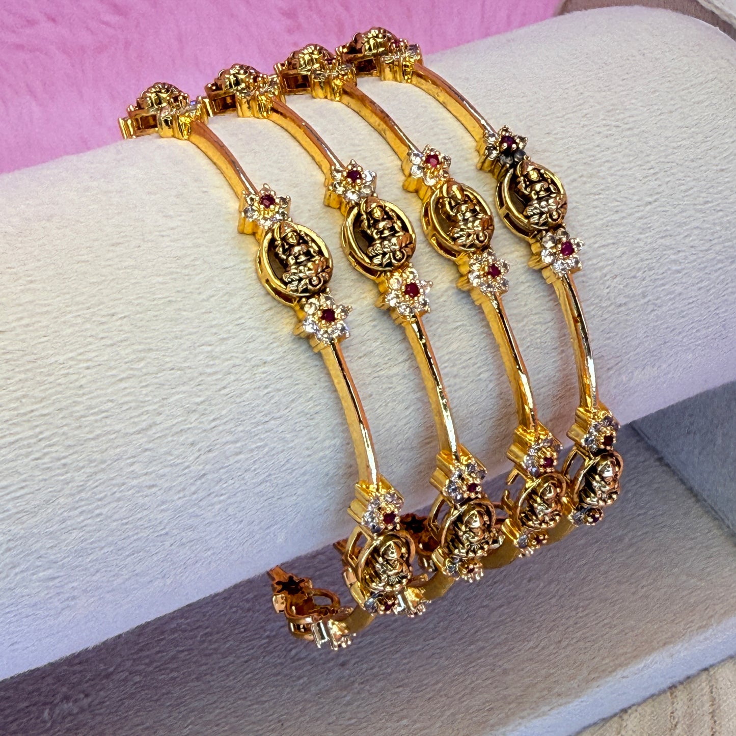 Lakshmi Temple Bangles with AD Stones | Gold Plated Traditional Bridal Bangles Set (4 Pcs)