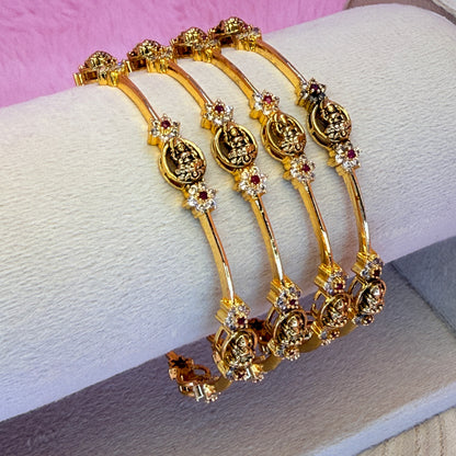 Lakshmi Temple Bangles with AD Stones | Gold Plated Traditional Bridal Bangles Set (4 Pcs)
