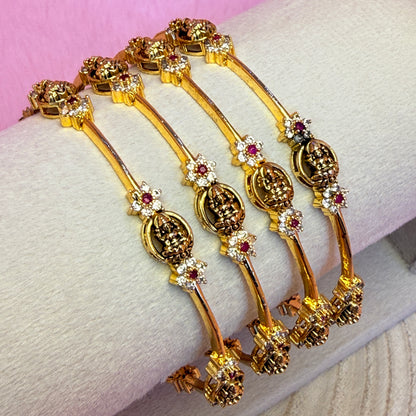 Lakshmi Temple Bangles with AD Stones | Gold Plated Traditional Bridal Bangles Set (4 Pcs)