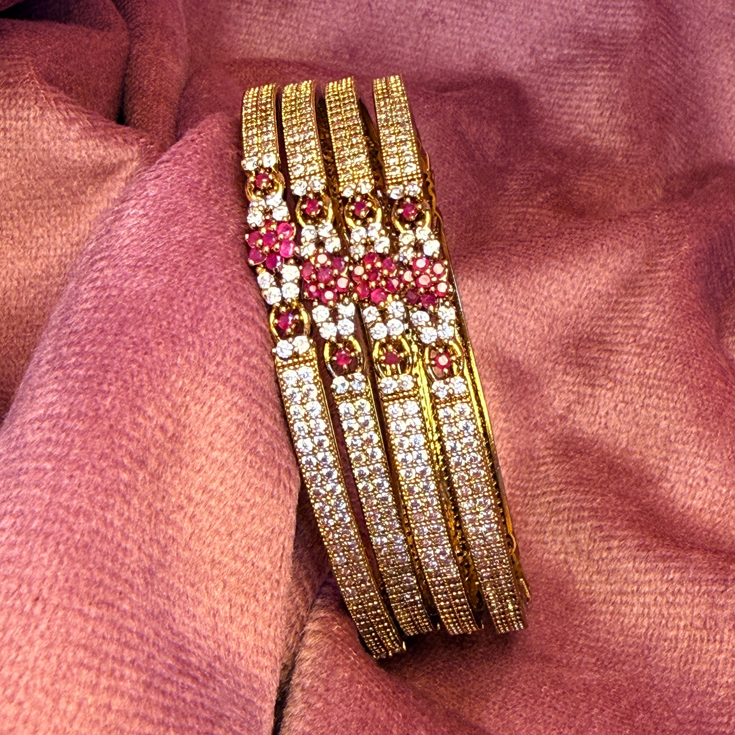 Premium Ruby Flower AD Stone Bangles | Gold Plated Designer Bridal & Party Wear Bangle Set (4 Pcs)