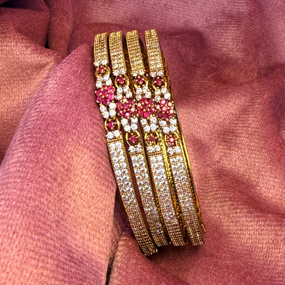 Premium Ruby Flower AD Stone Bangles | Gold Plated Designer Bridal & Party Wear Bangle Set (4 Pcs)
