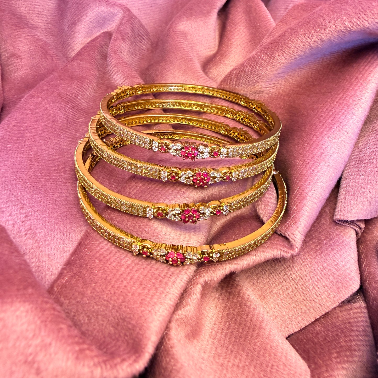Premium Ruby Flower AD Stone Bangles | Gold Plated Designer Bridal & Party Wear Bangle Set (4 Pcs)