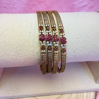 Premium Ruby Flower AD Stone Bangles | Gold Plated Designer Bridal & Party Wear Bangle Set (4 Pcs)