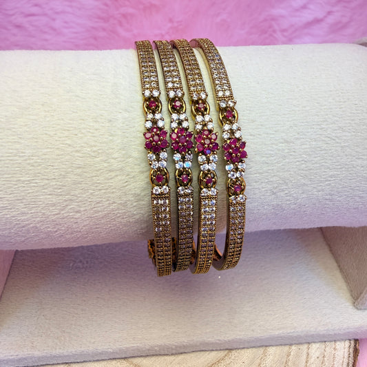Premium Ruby Flower AD Stone Bangles | Gold Plated Designer Bridal & Party Wear Bangle Set (4 Pcs)