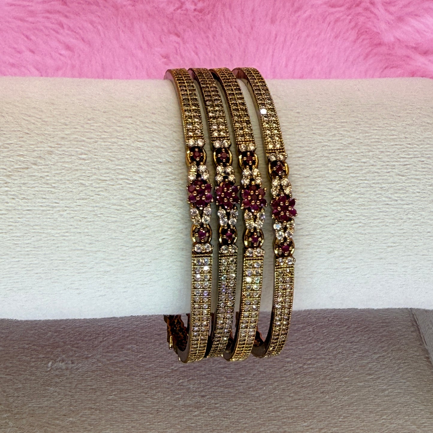 Premium Ruby Flower AD Stone Bangles | Gold Plated Designer Bridal & Party Wear Bangle Set (4 Pcs)
