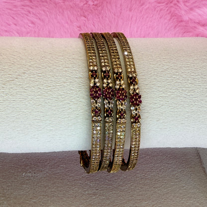 Premium Ruby Flower AD Stone Bangles | Gold Plated Designer Bridal & Party Wear Bangle Set (4 Pcs)