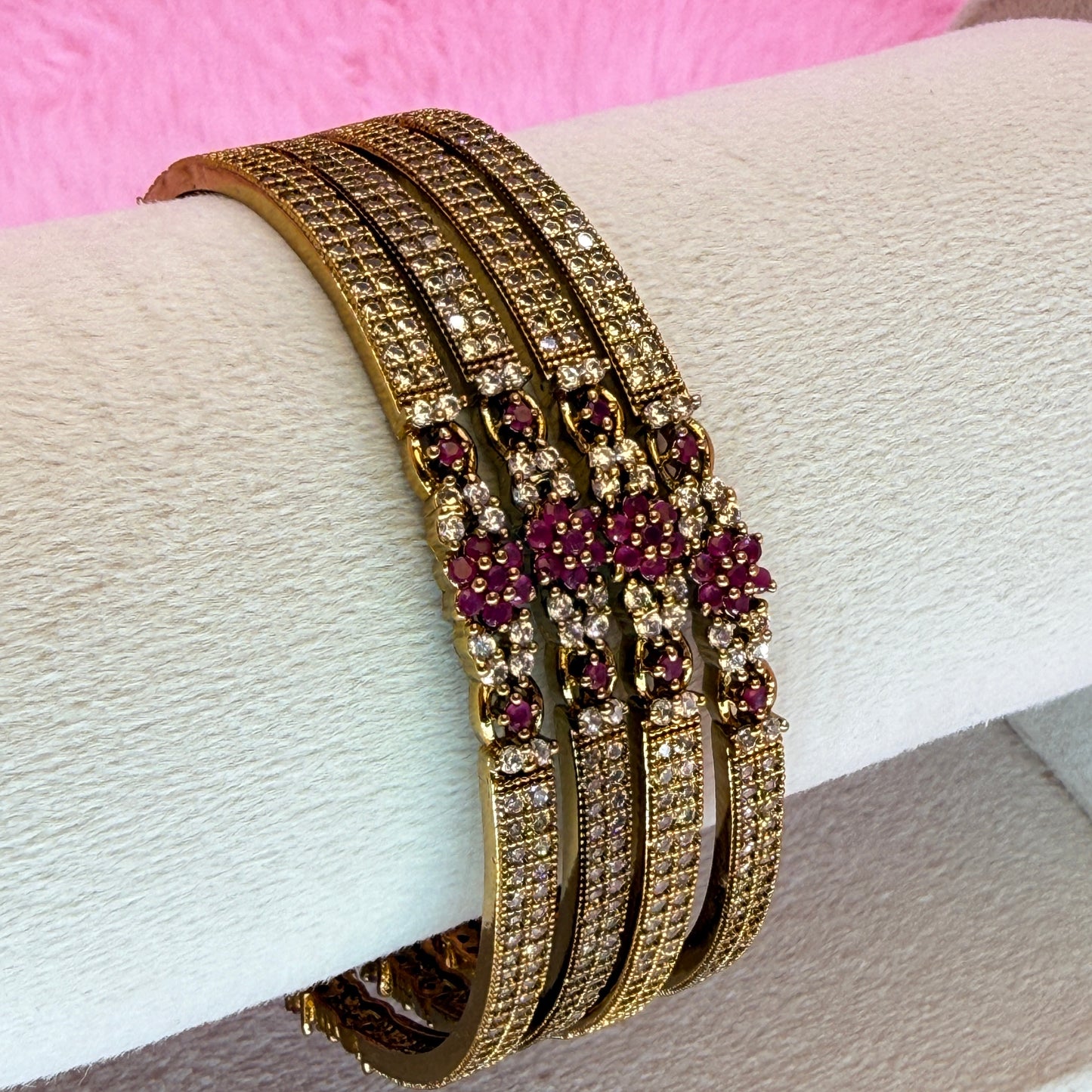 Premium Ruby Flower AD Stone Bangles | Gold Plated Designer Bridal & Party Wear Bangle Set (4 Pcs)