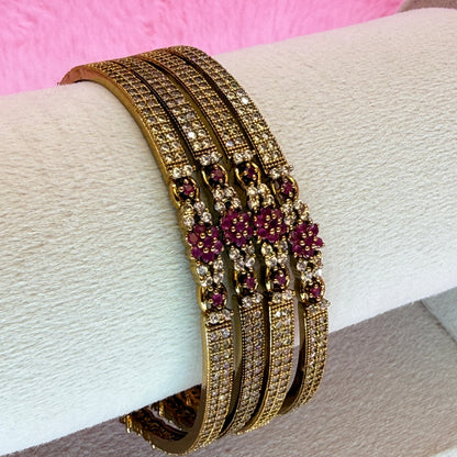 Premium Ruby Flower AD Stone Bangles | Gold Plated Designer Bridal & Party Wear Bangle Set (4 Pcs)
